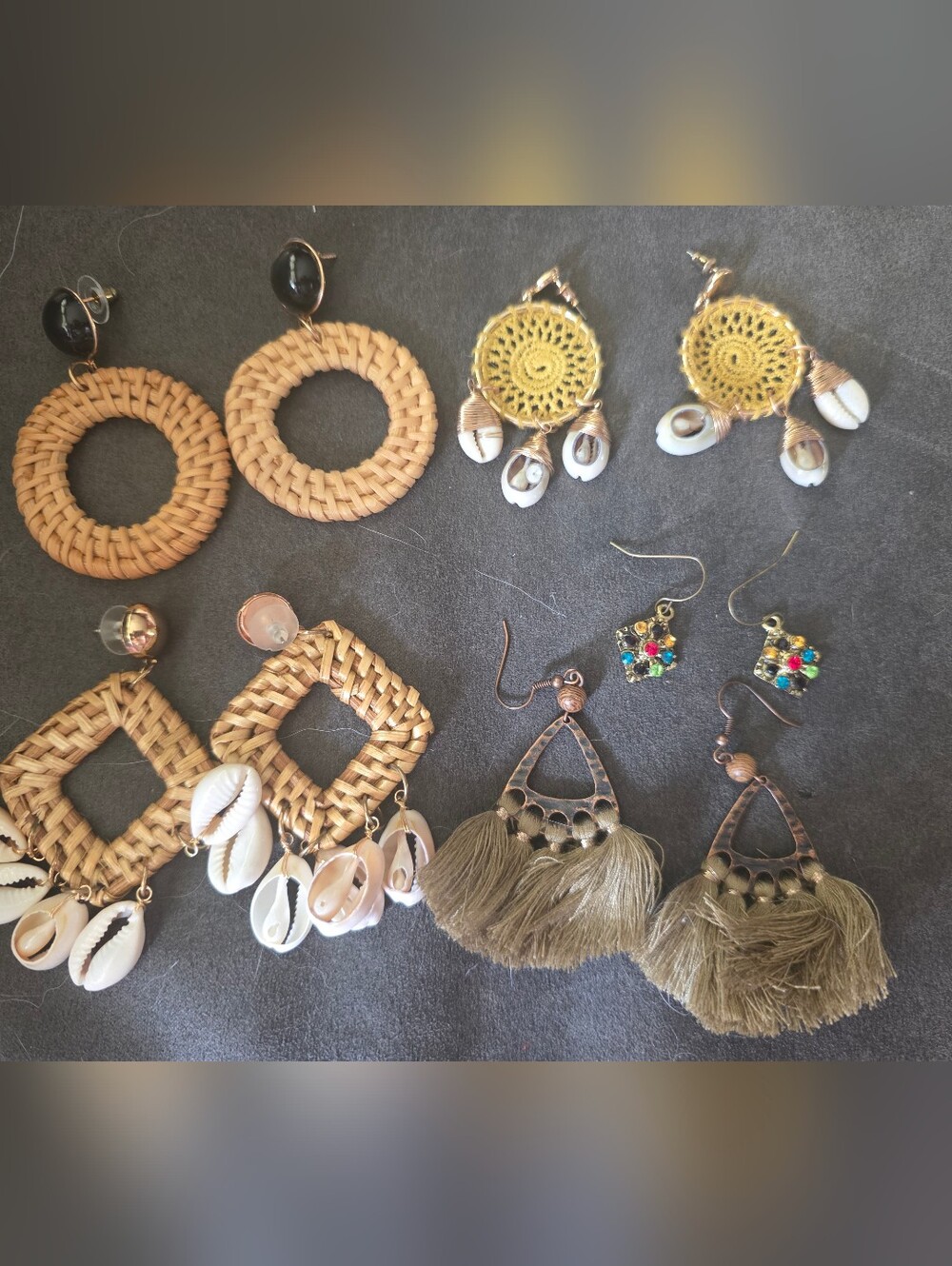 Woven Rattan Hoop Earrings with Natural Beige and Shell Accents